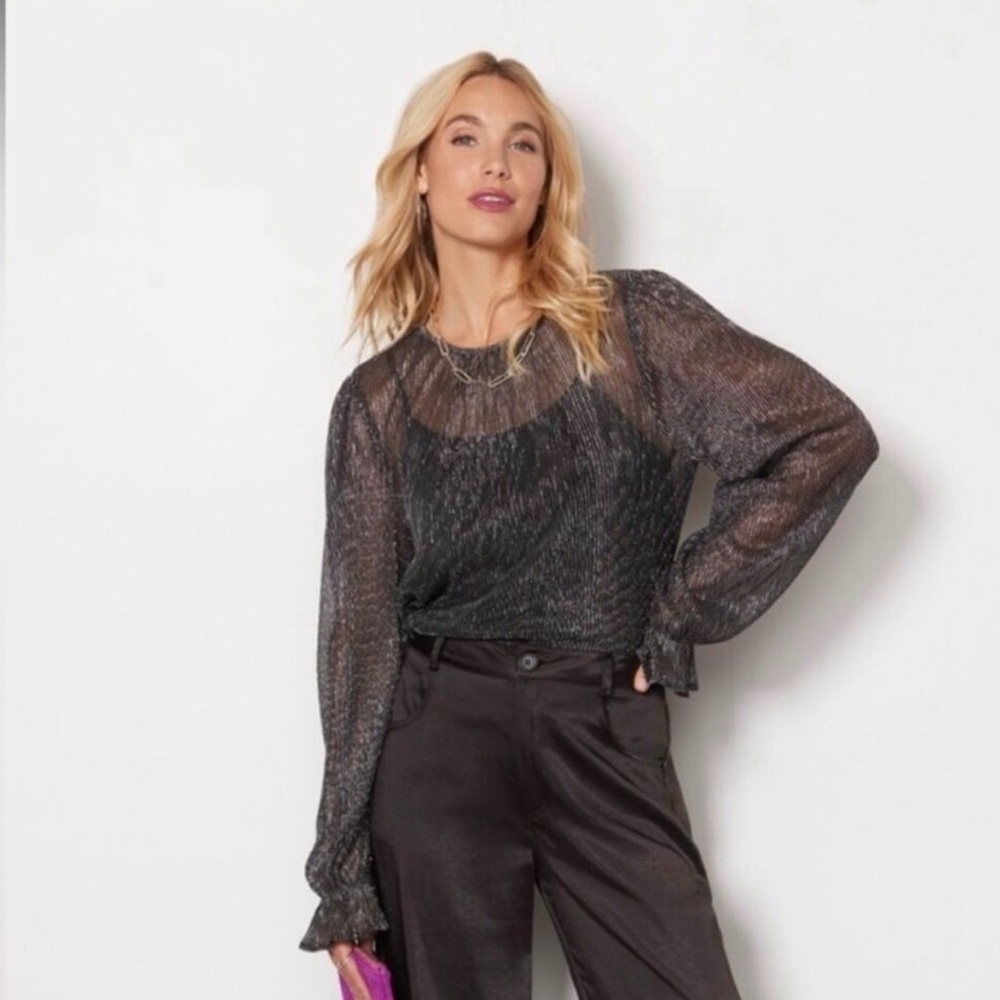 Evereve Top Womens Large Black Gray Metallic Sheer Sparkle Long Sleeve Party XL